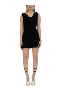 Magda Butrym women’s black jersey sleeveless mini dress with draped neckline and fitted silhouette