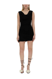 Magda Butrym women’s black jersey sleeveless mini dress with ruched bodice and draped neckline