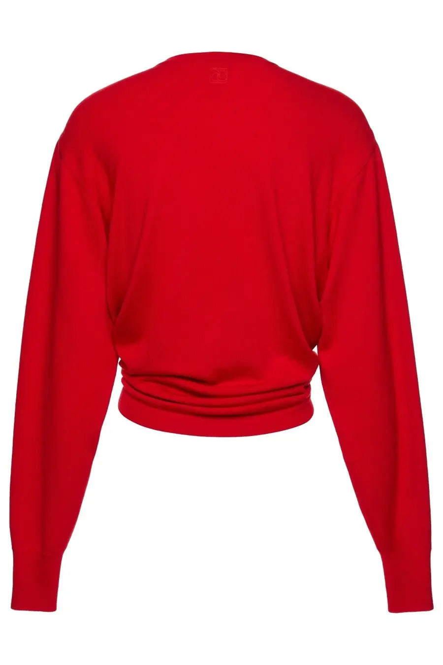 Vibrant red cropped cardigan by Magda Butrym with long sleeves and gathered waistband perfect for stylish layering