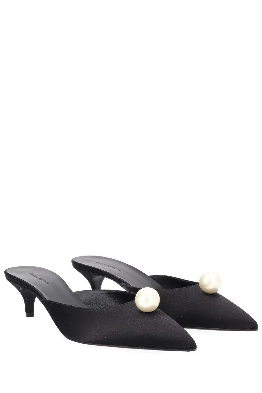 Magda Butrym women’s black satin mules with pearl accents at the toe in seta con perla design