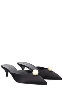 Magda Butrym women’s black satin mules with pearl accents at the toe in seta con perla design