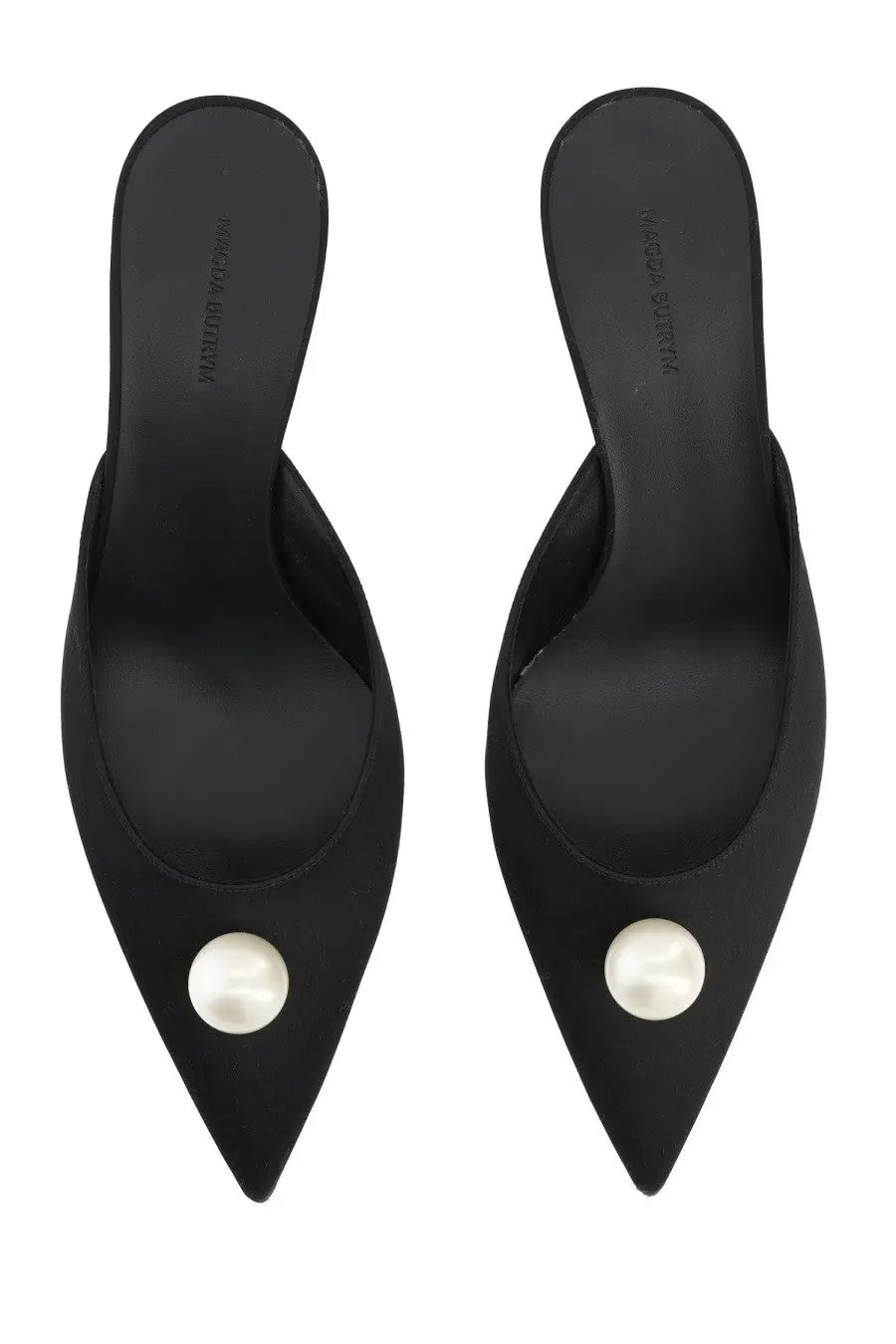 Magda Butrym women’s black satin mules in seta with a single white pearl detail at the toe