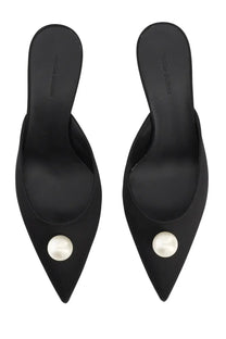 Magda Butrym women’s black satin mules in seta with a single white pearl detail at the toe