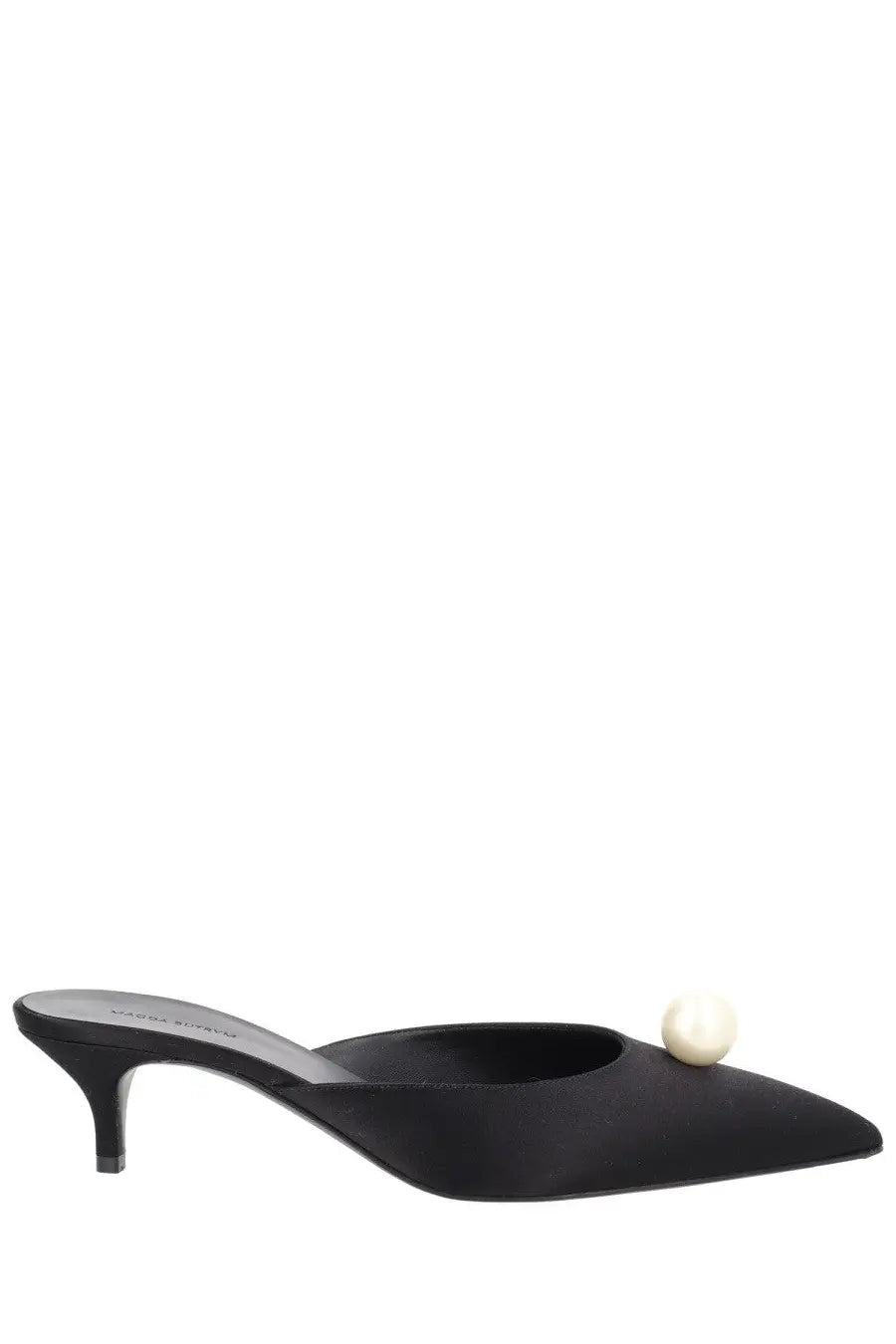 Black satin pointed toe mule with small pearl accent at front magda butrym women’s seta con perla black