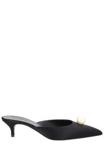 Black satin pointed toe mule with small pearl accent at front magda butrym women’s seta con perla black