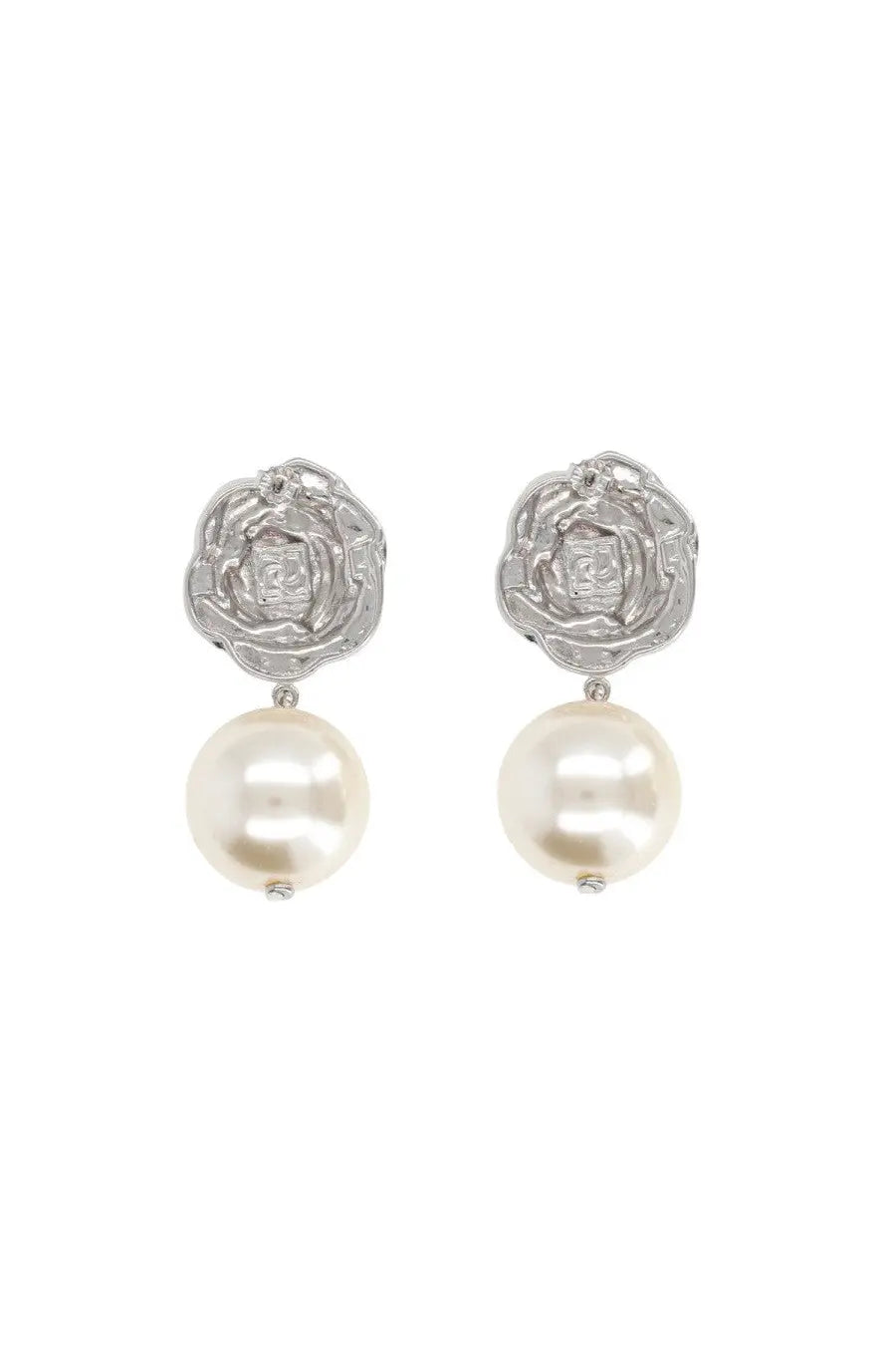 Silver rose-shaped stud earrings with dangling white pearls by magda butrym for women in silver