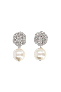 Silver rose-shaped stud earrings with dangling white pearls by magda butrym for women in silver