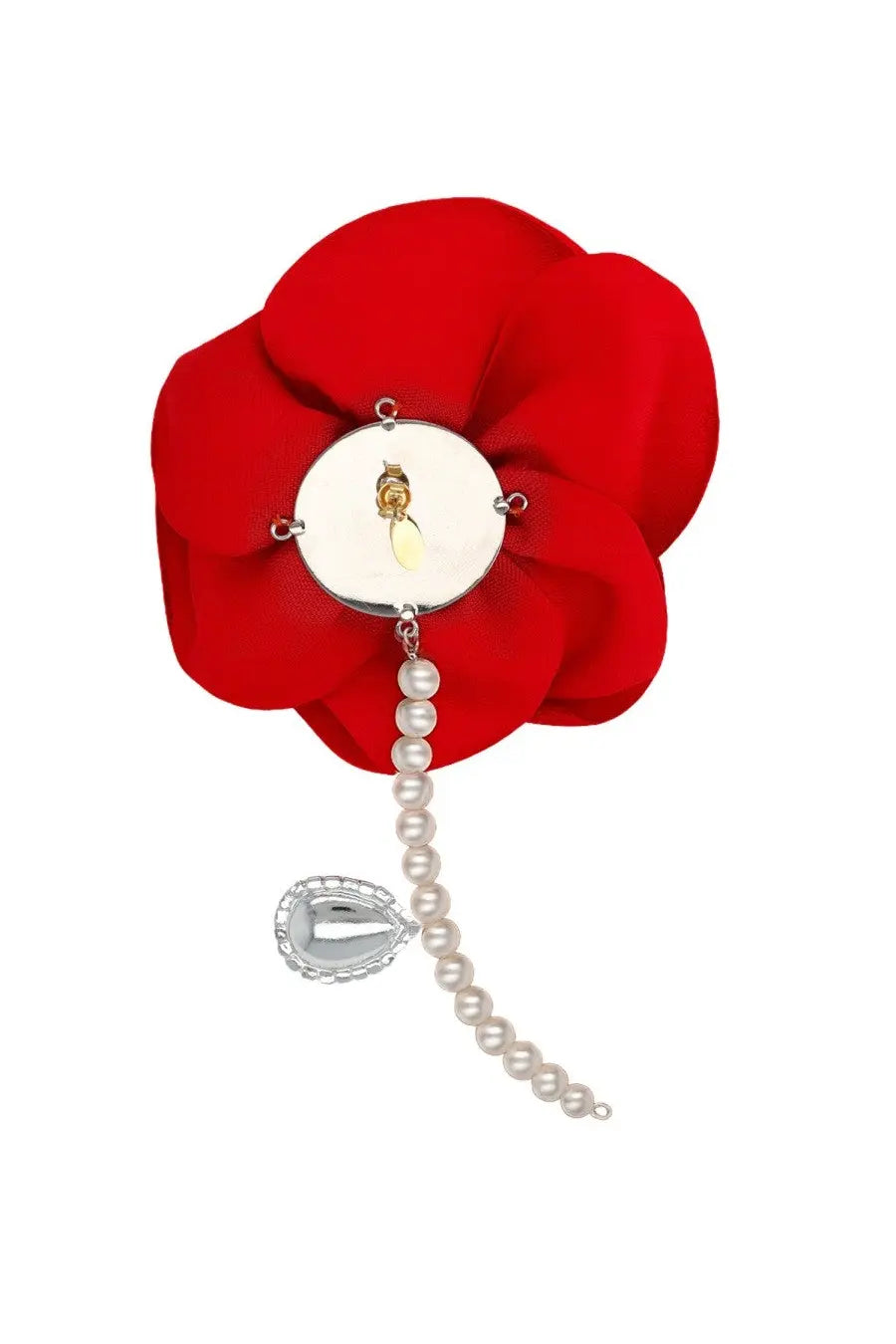 Magda butrym women’s orecchino pendente con rosa red fabric flower brooch with silver clasp and pearl pendant