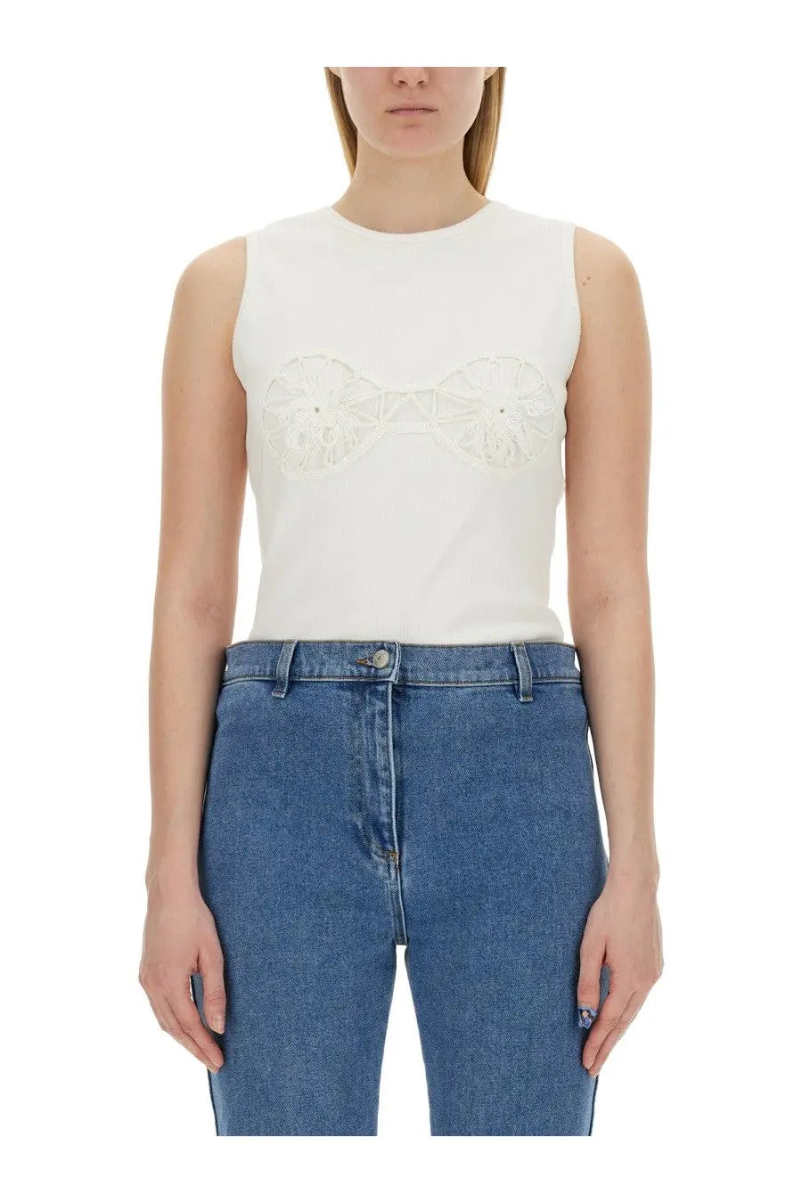 Magda butrym women’s white sleeveless shirt with delicate floral embroidery and crochet bra detailing