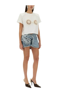 White cropped t-shirt by Magda Butrym with embroidered circular motifs on the chest for women