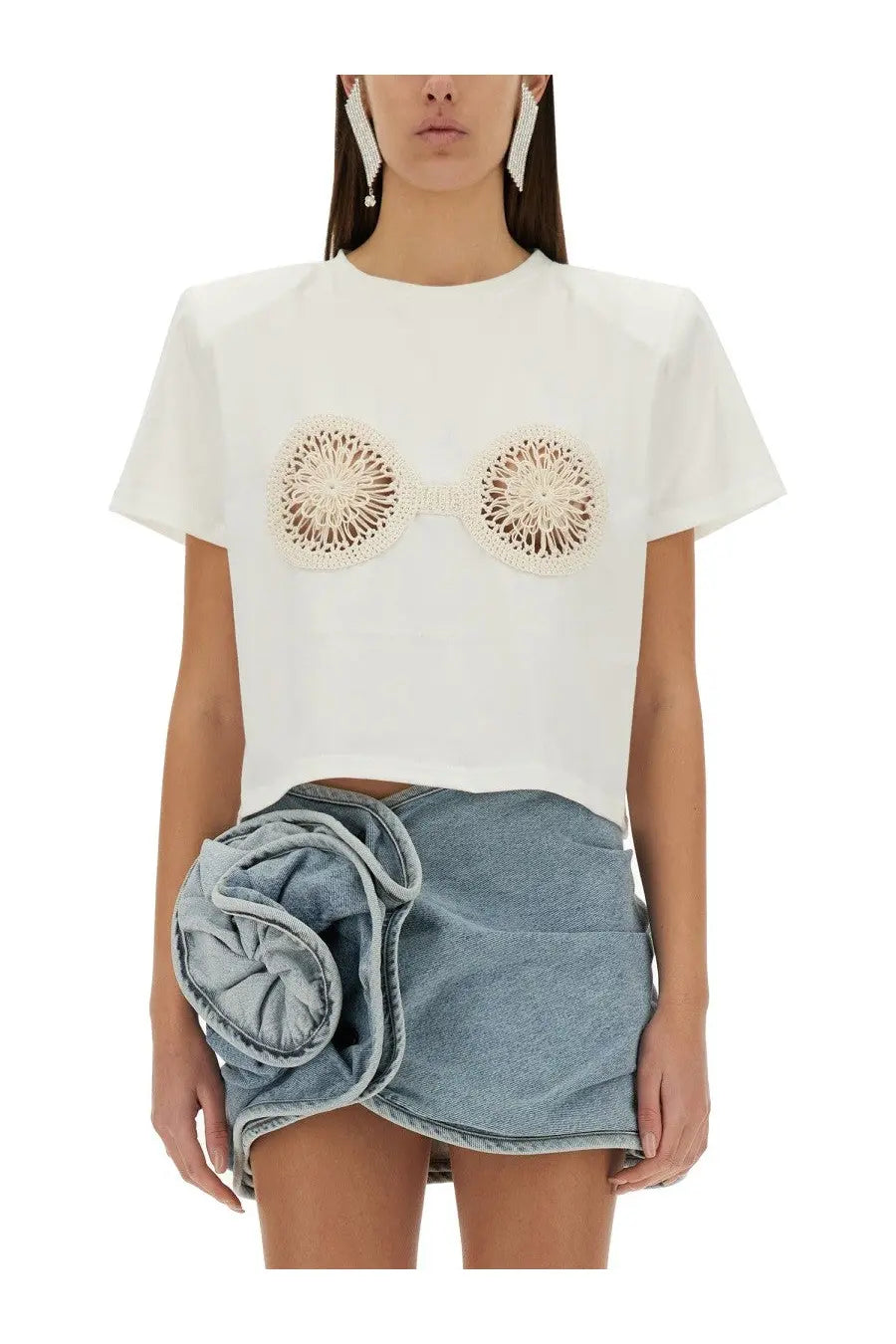 White cropped t-shirt by Magda Butrym with intricate cream-colored crochet embellishments across the chest