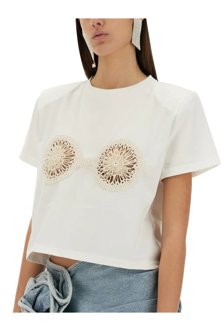 Magda Butrym women’s white cropped t-shirt with intricate cream crochet bra appliqués on the front