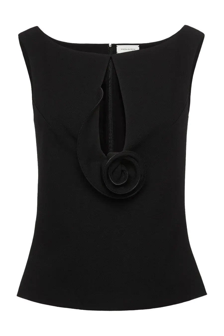 Magda Butrym women’s black sleeveless top with central zipper and ornate layered rosette detail at the back viewed from behind