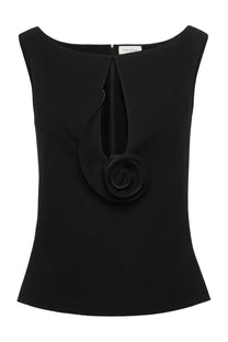 Magda Butrym women’s black sleeveless top with central zipper and ornate layered rosette detail at the back viewed from behind