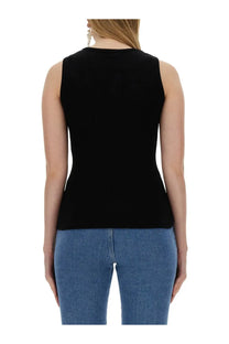 Black sleeveless knit top with fitted silhouette and rounded neckline by Magda Butrym for women