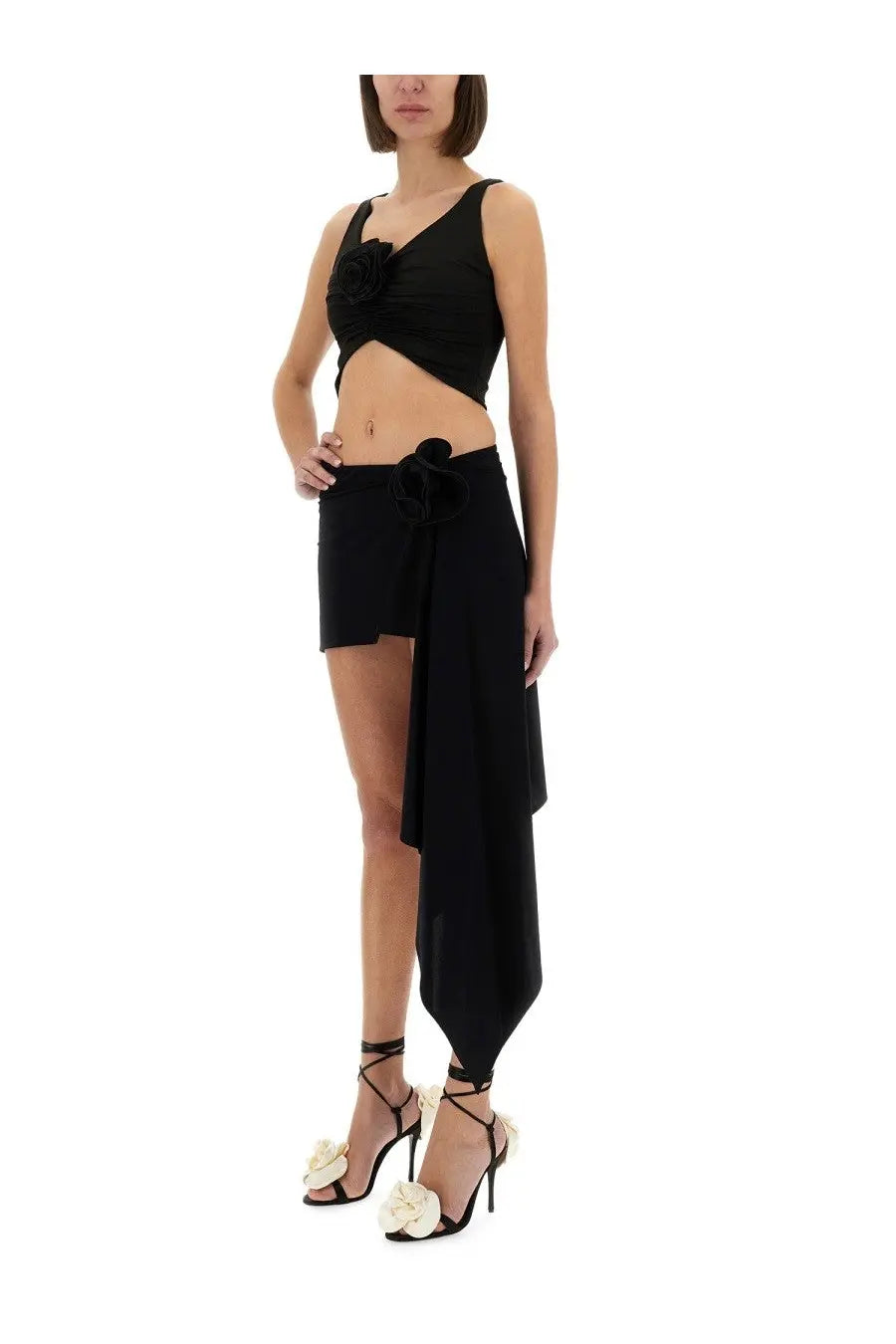 Black asymmetrical mini skirt with tied waistband and flowing fabric from magda butrym womens top con fiore black collection