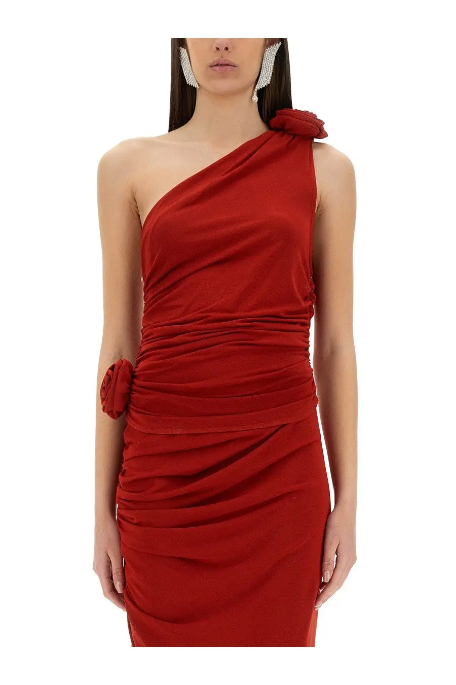Magda Butrym women’s red one-shoulder dress with ruched detailing and fabric roses at shoulder and waist