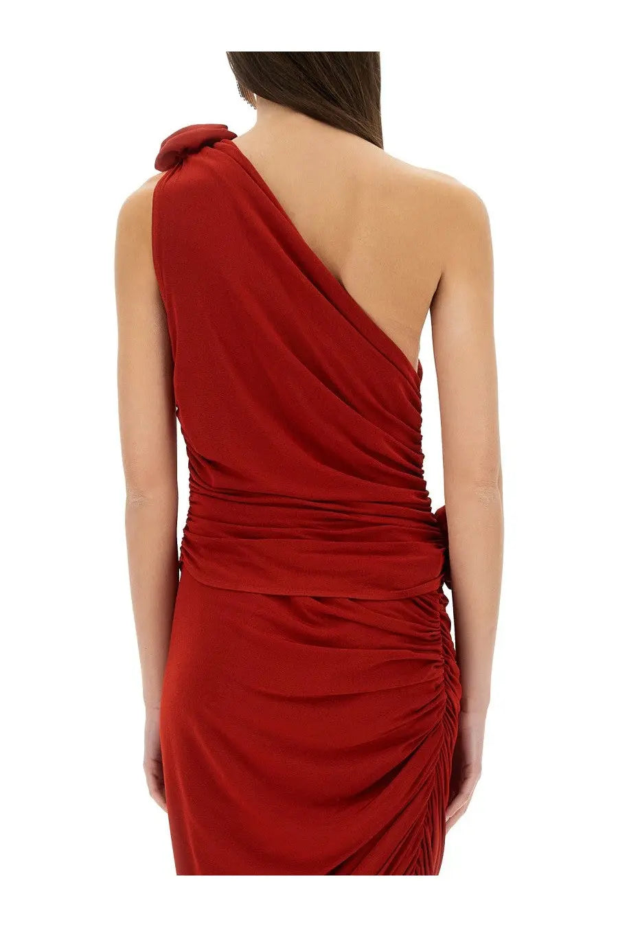 Magda butrym women’s red one-shoulder top with ruched detailing and draped neckline in sleek fabric