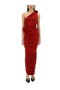 Magda Butrym women’s red satin one-shoulder top with ruched detailing and decorative floral accents at the shoulder