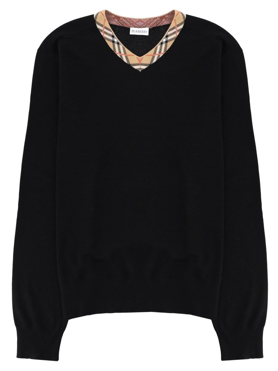 Burberry Men's Maglia in Lana Merino Con Scollo Check Black