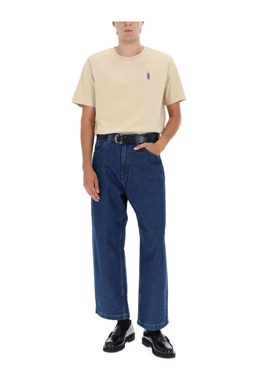 Beige short-sleeved Maison Kitsuné men’s comfort dressed fox shirt with small embroidered logo on left chest