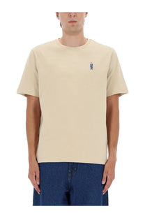 Maison kitsuné men’s beige short-sleeved comfort shirt with small embroidered fox character on left chest