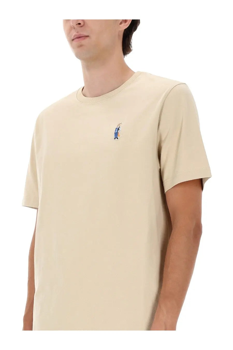 Beige Maison Kitsuné men’s short-sleeved cotton t-shirt with small embroidered fox cartoon on left chest