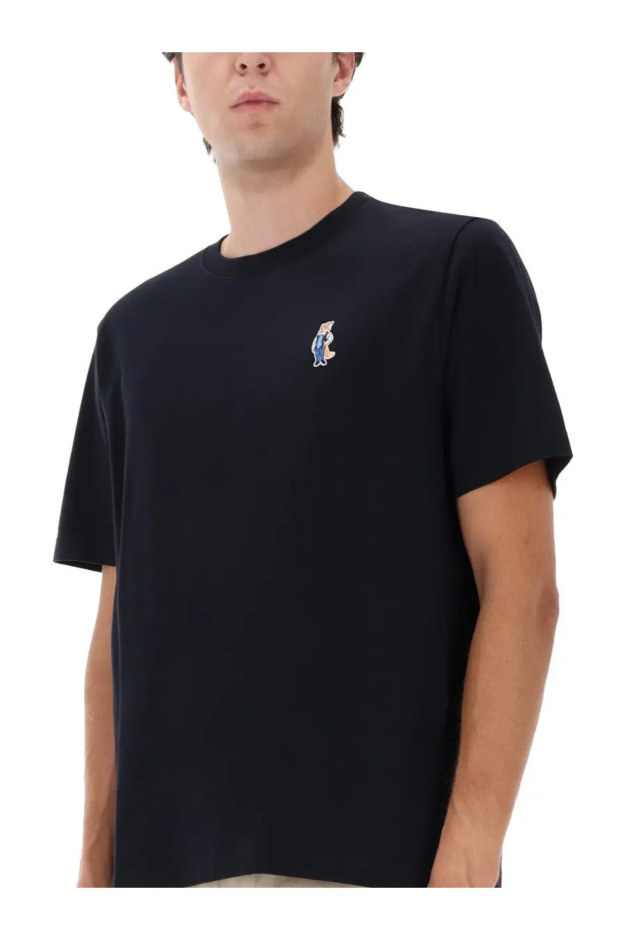 Maison Kitsuné men’s black short-sleeved cotton t-shirt with small embroidered cartoon fox on left chest