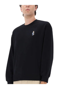 Maison Kitsuné men’s black crewneck sweatshirt with small embroidered comfort dressed fox cartoon on left chest