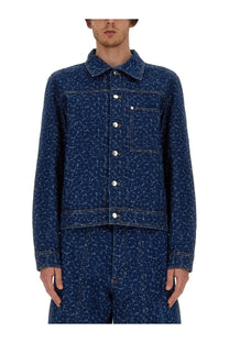 Maison kitsuné men’s dark blue denim jacket with subtle white abstract pattern and silver buttons