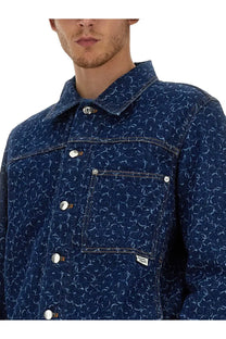 Maison Kitsuné men’s dark blue denim jacket with subtle white abstract pattern and silver-toned buttons