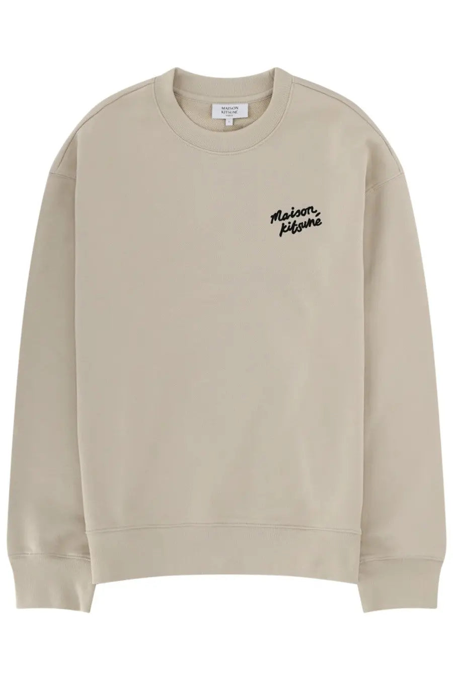 Beige maison kitsuné men’s crewneck sweatshirt with black embroidered logo on left chest in felpa fabric