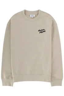 Beige maison kitsuné men’s crewneck sweatshirt with black embroidered logo on left chest in felpa fabric