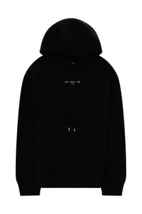 Maison Kitsuné men’s black hooded sweatshirt with white embroidered text on chest and matching drawstrings