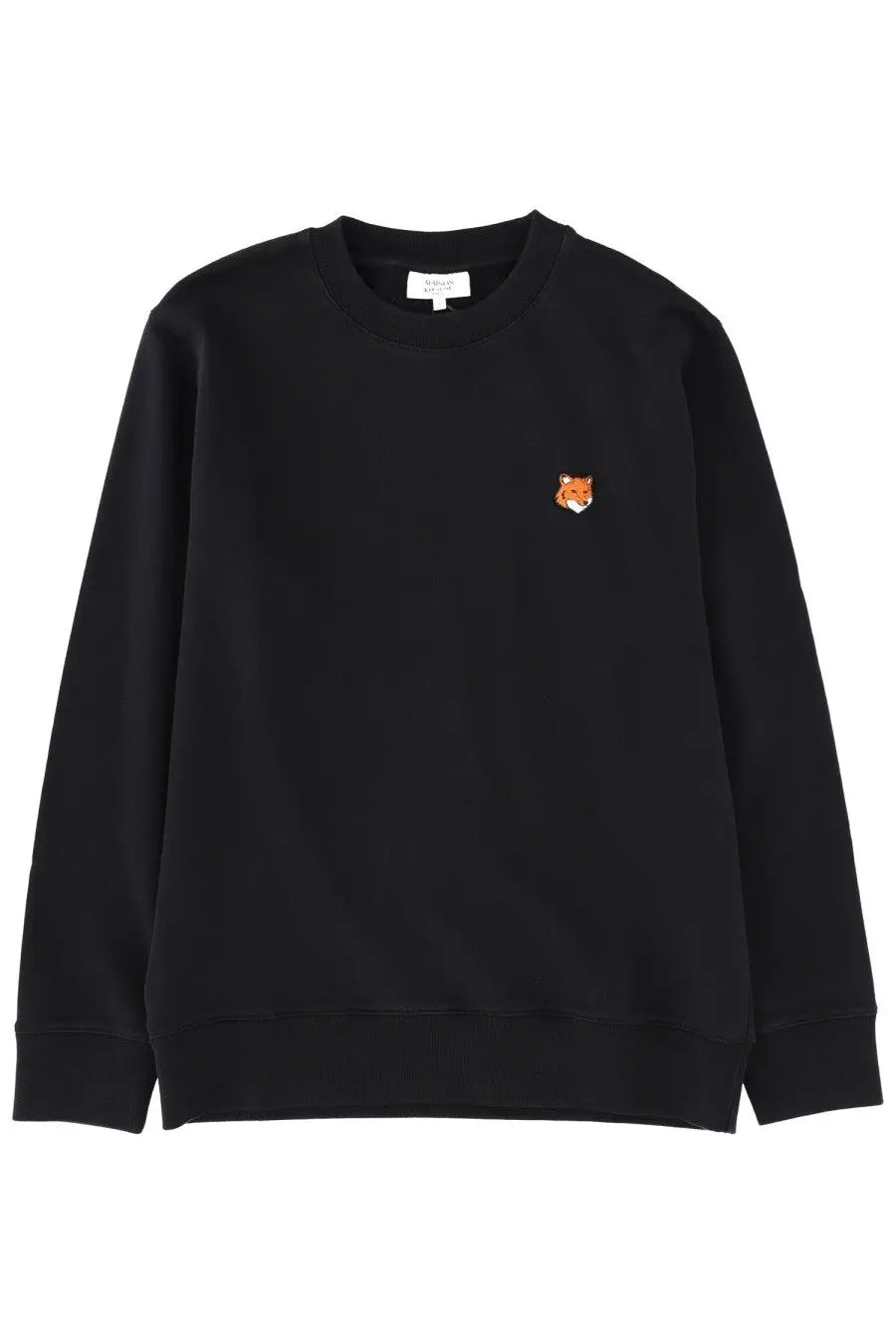 Maison Kitsuné men’s black crewneck sweatshirt with small embroidered fox face on left chest made from soft cotton