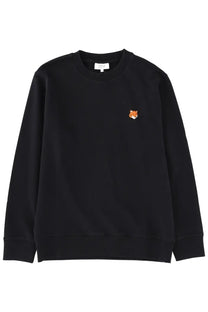 Maison Kitsuné men’s black crewneck sweatshirt with small embroidered fox face on left chest made from soft cotton
