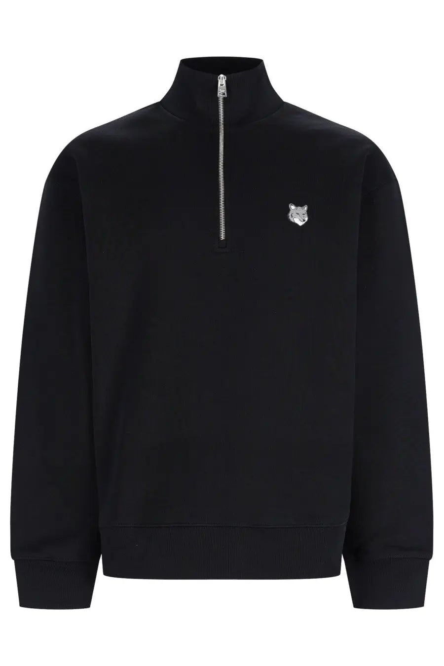 Maison kitsuné men’s black half-zip fleece sweatshirt with silver fox logo embroidered on left chest