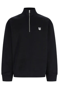 Maison kitsuné men’s black half-zip fleece sweatshirt with silver fox logo embroidered on left chest