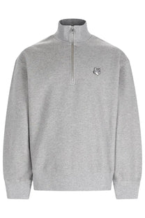 Maison Kitsuné men’s gray heathered half-zip sweatshirt with small embroidered fox logo on the left chest