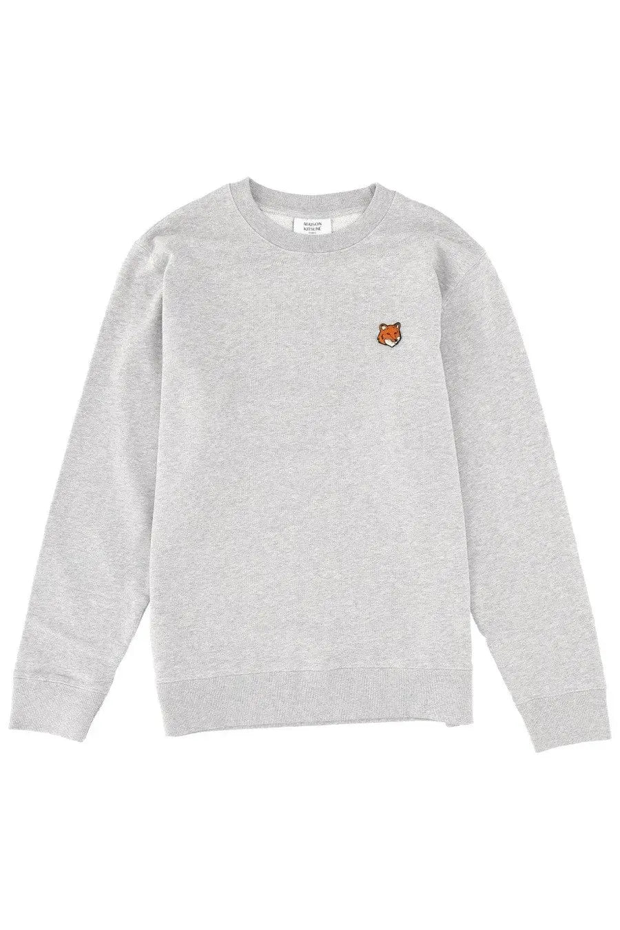 Maison kitsuné men’s grey heathered sweatshirt with small embroidered fox patch on left chest made from soft fabric
