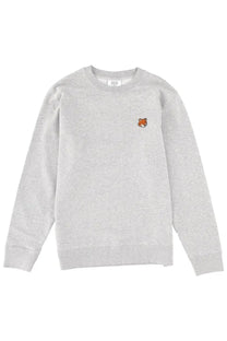 Maison kitsuné men’s grey heathered sweatshirt with small embroidered fox patch on left chest made from soft fabric