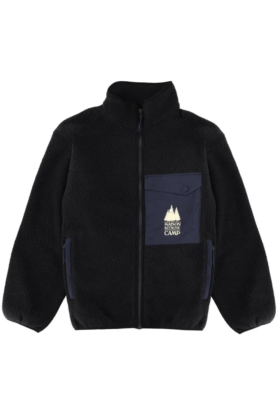 Maison Kitsuné men’s black fleece jacket with navy blue patch pocket featuring white mountain logo and maison kitsuné camp text