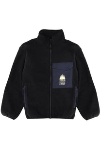 Maison Kitsuné men’s black fleece jacket with navy blue patch pocket featuring white mountain logo and maison kitsuné camp text