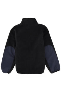 Maison Kitsuné men’s fleece jacket in black and navy blue color block with high collar for warmth and style