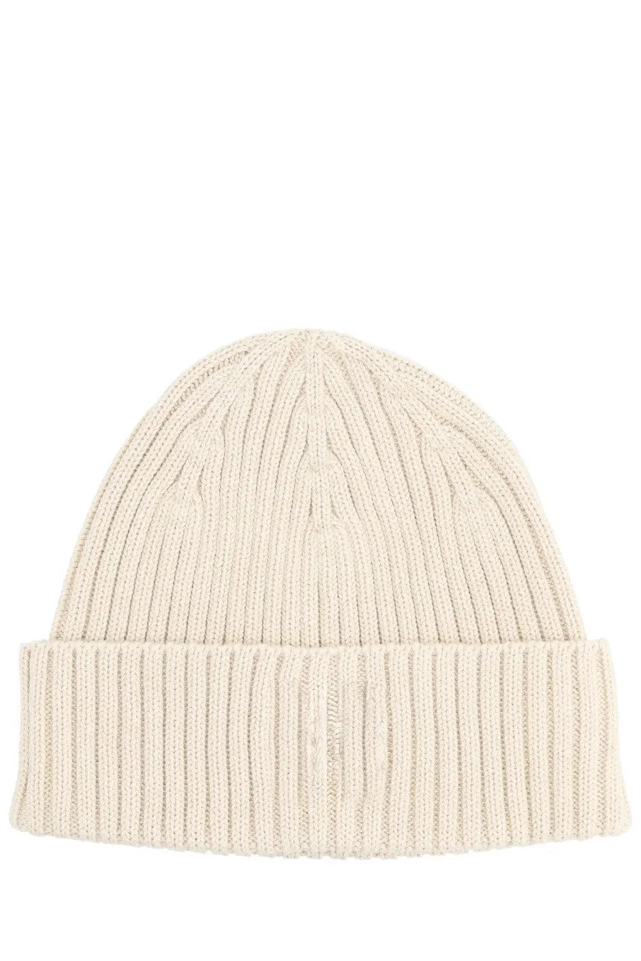 Maison Kitsuné men’s cream-colored ribbed knit beanie with folded cuff and fox head logo in beige
