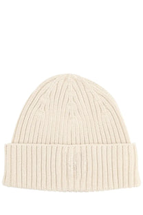 Maison Kitsuné men’s cream-colored ribbed knit beanie with folded cuff and fox head logo in beige