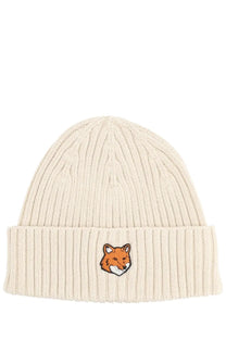 Maison Kitsuné men’s fox head cap beige cream ribbed knit beanie with small embroidered fox logo on folded brim