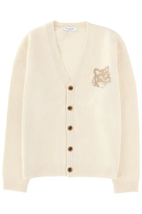 Maison Kitsuné men’s cream-colored knit cardigan with subtle fox embroidery and wooden buttons down the front
