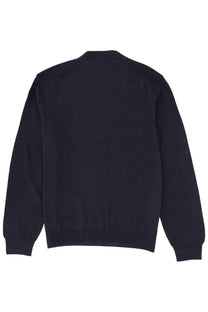 Black crewneck sweater with ribbed cuffs and hem shown from the back in maison kitsuné men’s fox head cardigan blue product image
