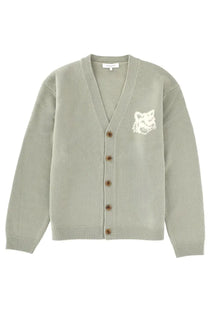 Maison Kitsuné men’s soft sage green knit cardigan with v-neck brown buttons and white fox face embroidery on chest